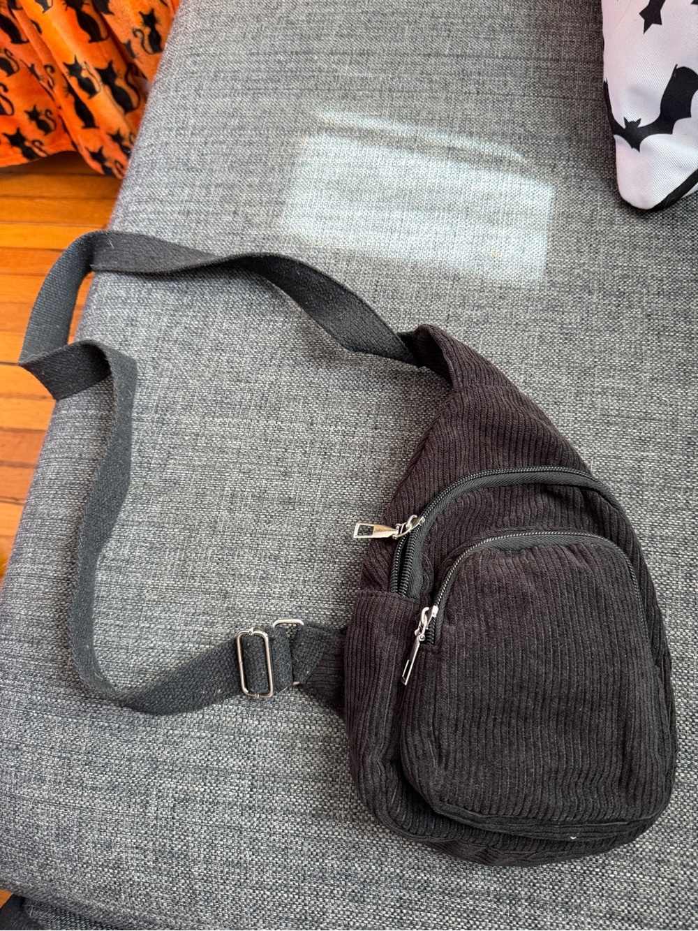 Black Corduroy Crossbody Sling Bag